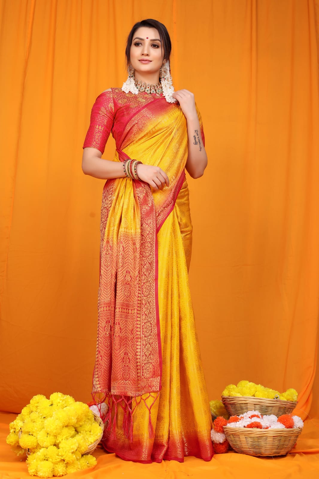 YellowPure Soft Silk Saree With Hand dying And Zari Weaving Work