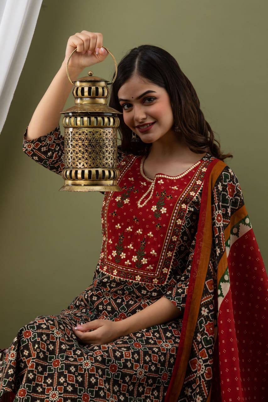 Pure Red Cotton Kurti Pent Dupatta Set