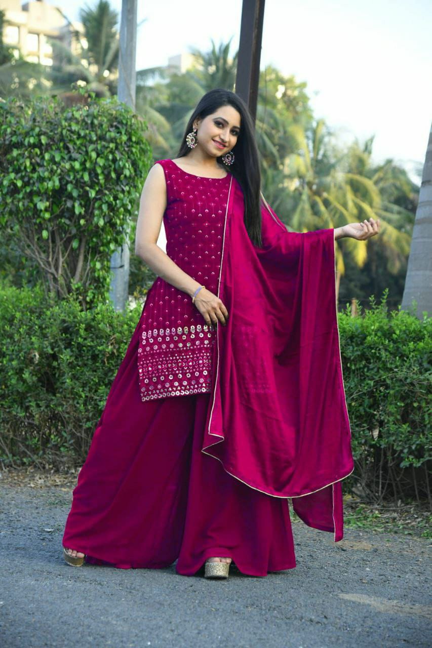 Beautiful Faux Georgette Red Top With Plazo and Dupatta