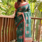 Green Soft Linen Cotton Saree With Beautiful Digital Print And Zari Lining Pallu