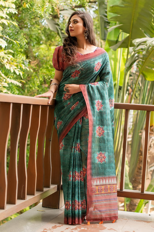 Green Soft Linen Cotton Saree With Beautiful Digital Print And Zari Lining Pallu
