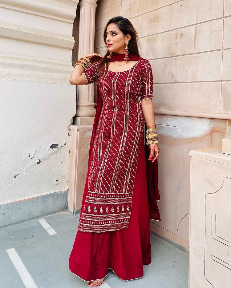 Lakhnavi Red straight embroidery Worked kurta with Plazzo And Dupatta