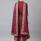 Wine Foil Print Anrkali Gown Pent Dupatta Set
