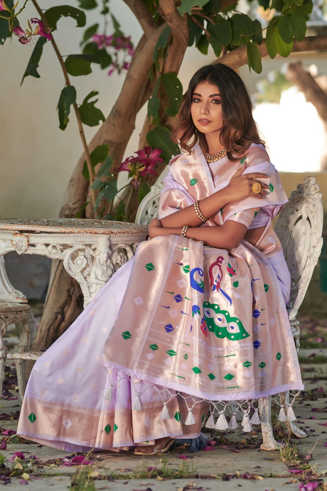 Lavender Banarasi Soft Silk Paithani Saree With Zari Border