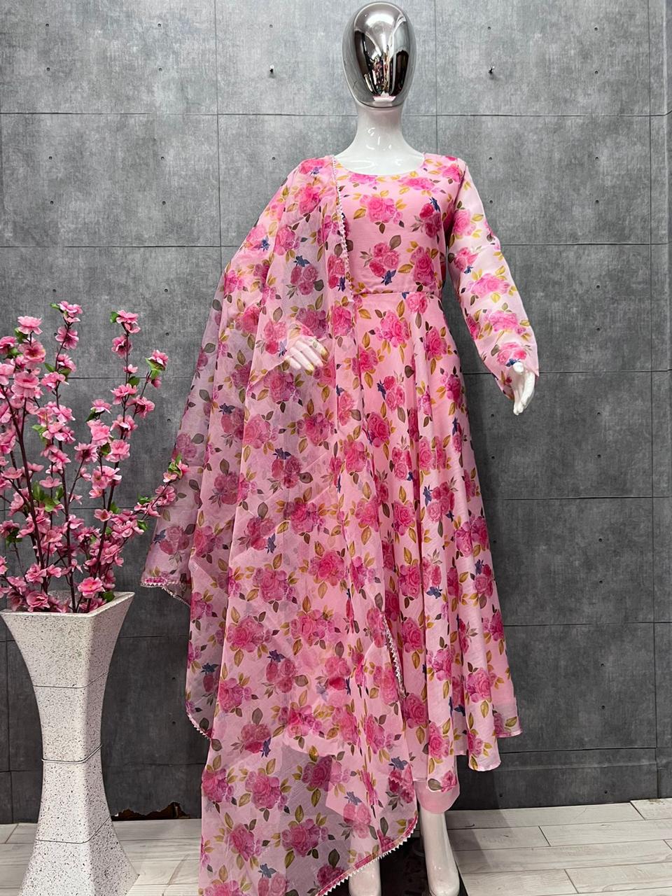 Beautiful pink  Floral  pair in anarkali With Pent And Dupatta