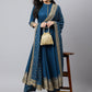 Blue Foil Print Anrkali Gown Pent Dupatta Set