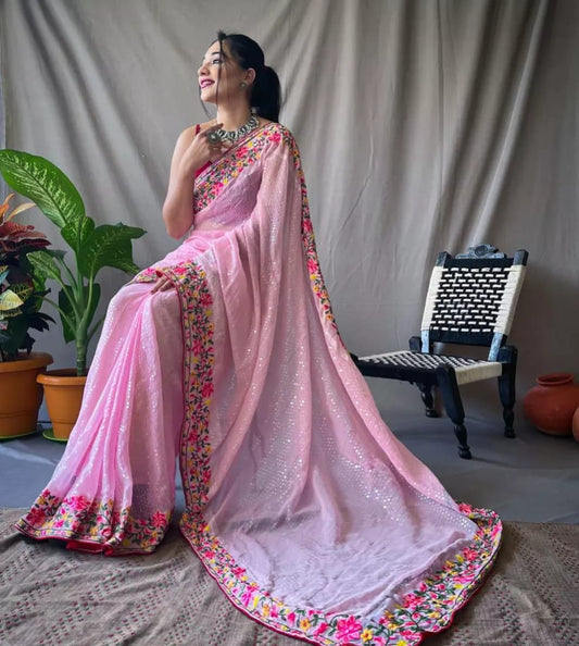 Pink Pure Gorgate Saree With Sequence Work