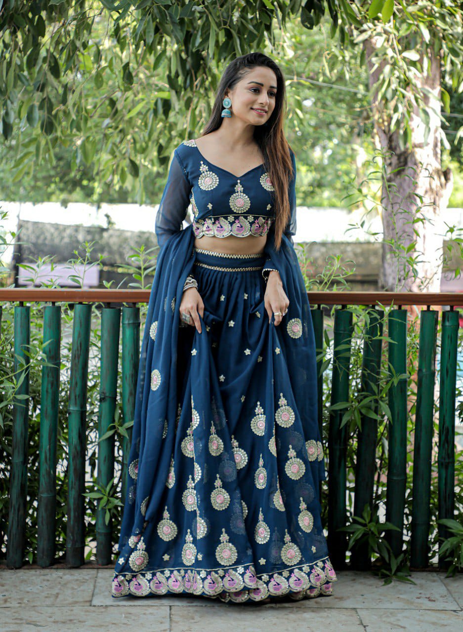 Royal Blue  Embroidered Faux Georgette Party Wear Lehenga Choli