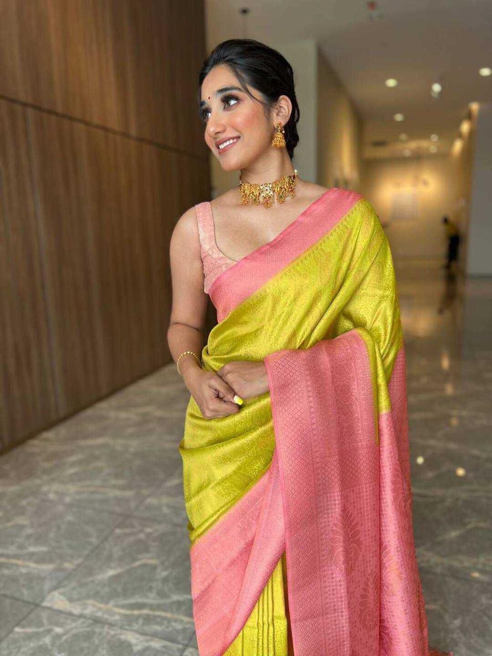 Pastel Yellow Special 3D Weaving Lichi Silk Banarasi Saree