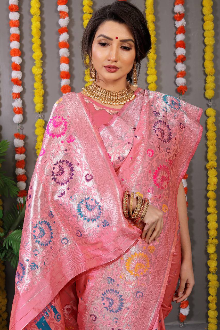 Beautiful Lavender Pink Saree With Silk With Weaving Silver Zari