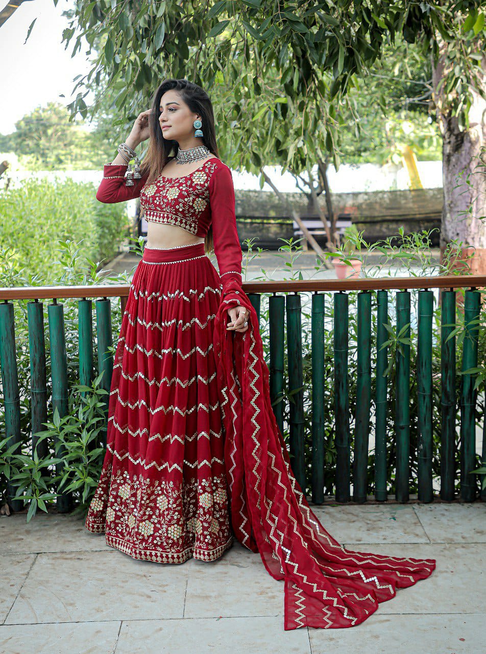 Maroon Embroidered Faux Georgette Party Wear Lehenga Choli