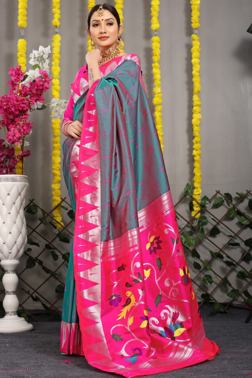 Soft Teal Silk Paithani Saree With Rich Pallu And Meenakari work