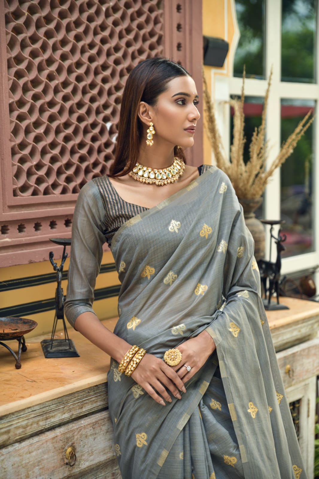 Grey Chanderi Silk Saree With Silver And Copper Zari Weaves