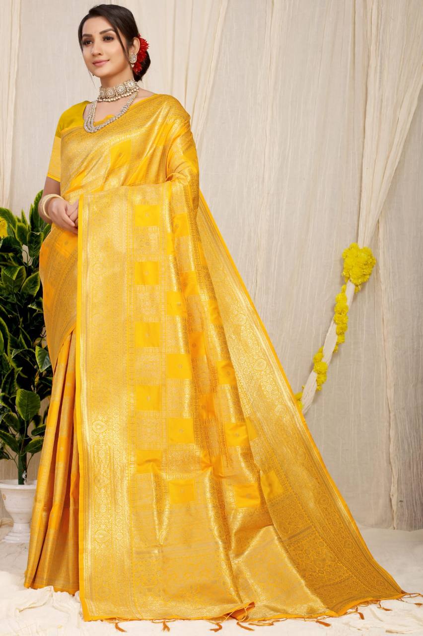 Yellow Kanchipuram Pure silk saree with Jari weaving work