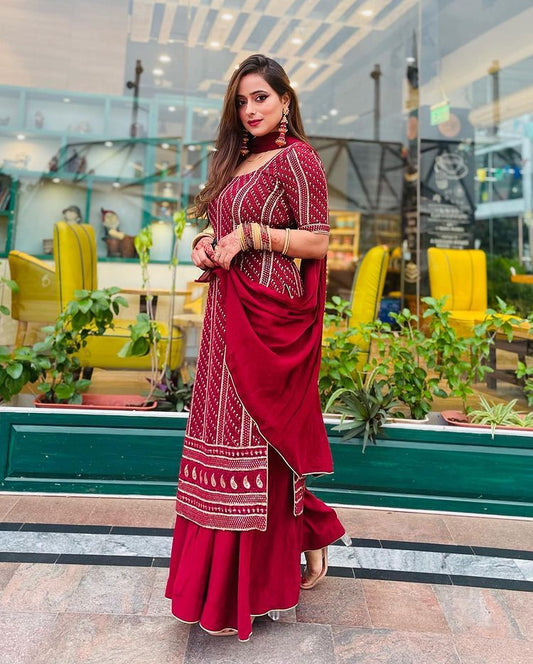 Lakhnavi Red straight embroidery Worked kurta with Plazzo And Dupatta