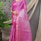 Beautiful Pink Lichi Soft Silk  Saree With Weaving Silver