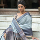 Grey Ikkat Silk Saree With Jhalar