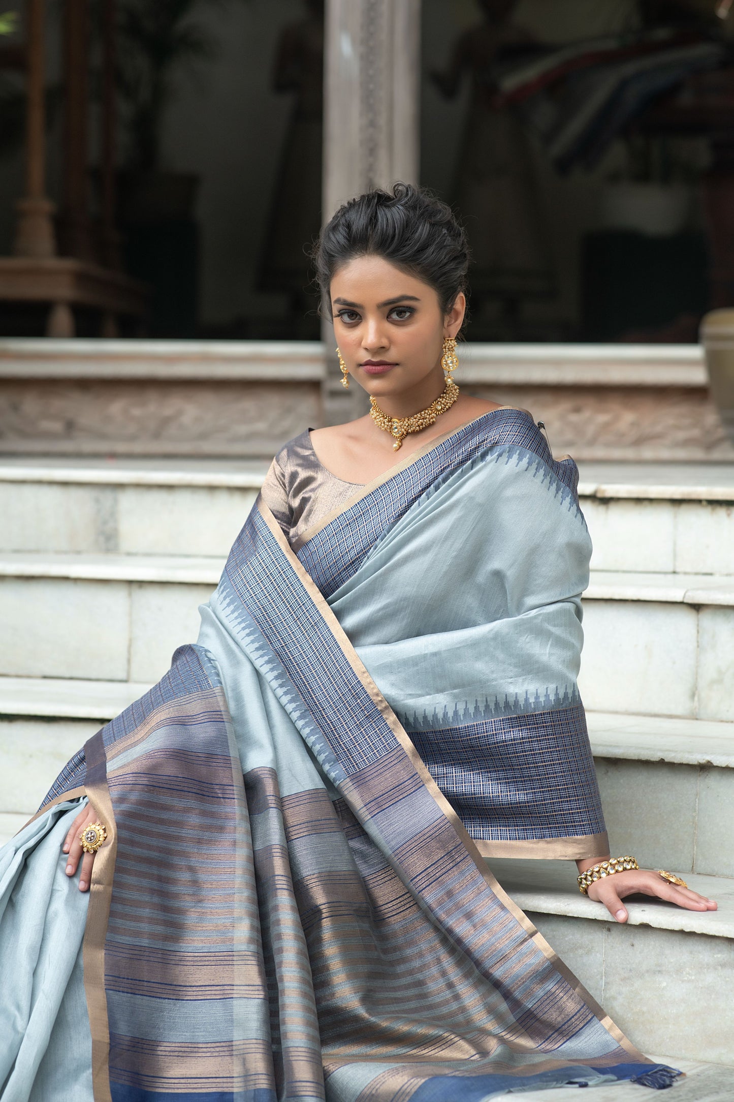 Grey Ikkat Silk Saree With Jhalar