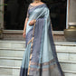 Grey Ikkat Silk Saree With Jhalar