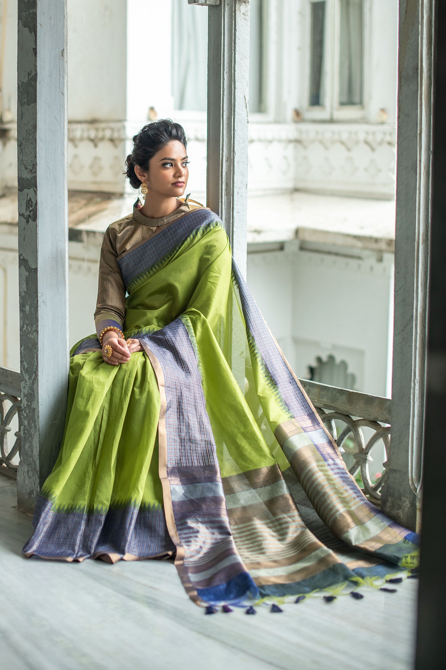 Olive Green Ikkat Silk Saree With Jhalar