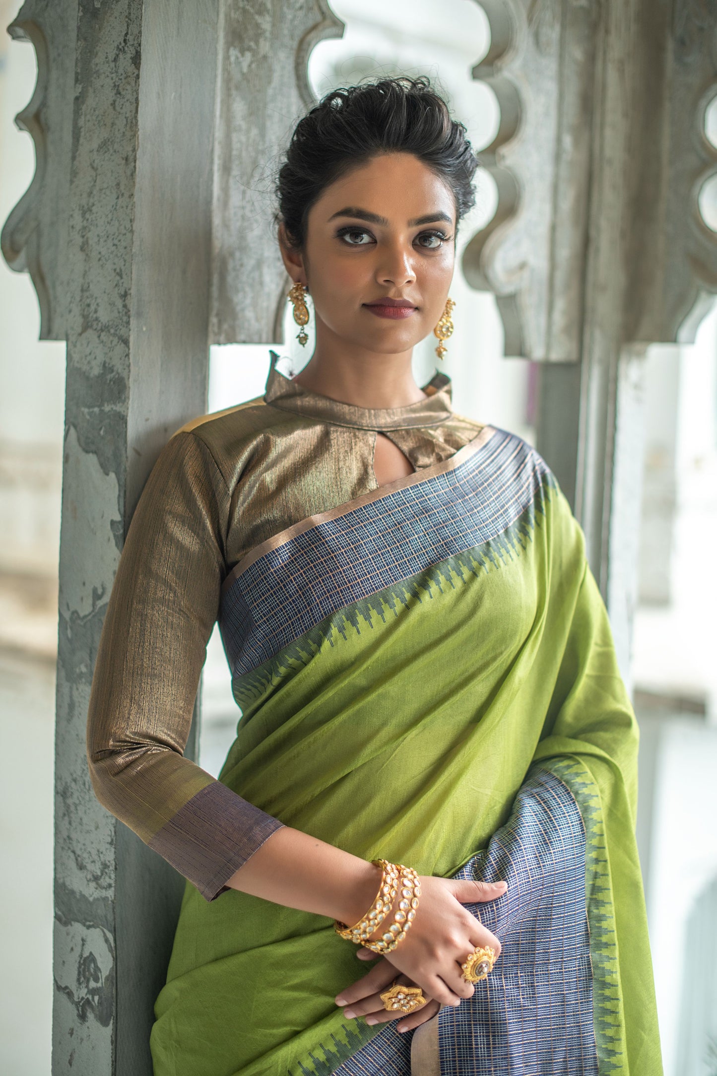 Olive Green Ikkat Silk Saree With Jhalar
