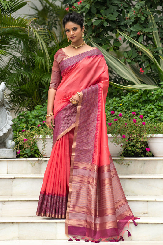 Pink Ikkat Silk Saree With Jhalar
