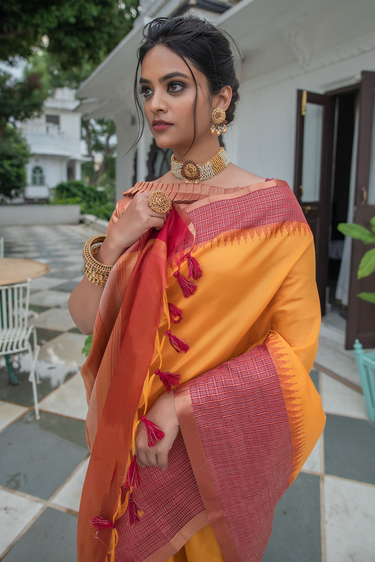 Yellow Ikkat Silk Saree With Jhalar