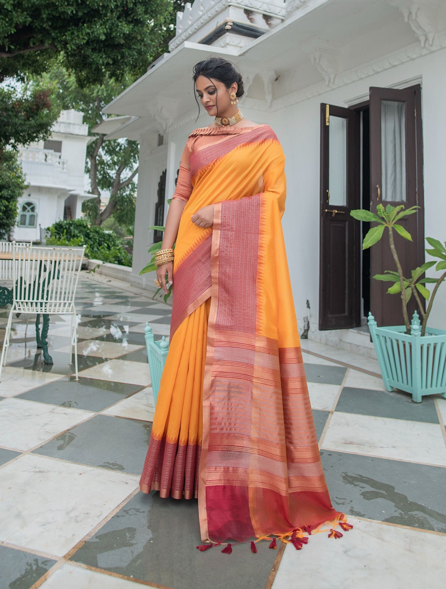 Yellow Ikkat Silk Saree With Jhalar