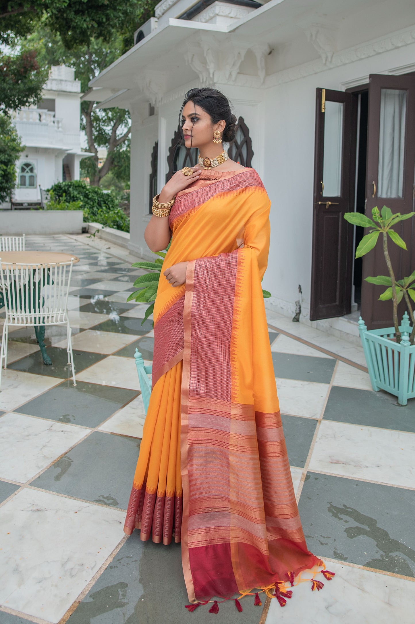 Yellow Ikkat Silk Saree With Jhalar