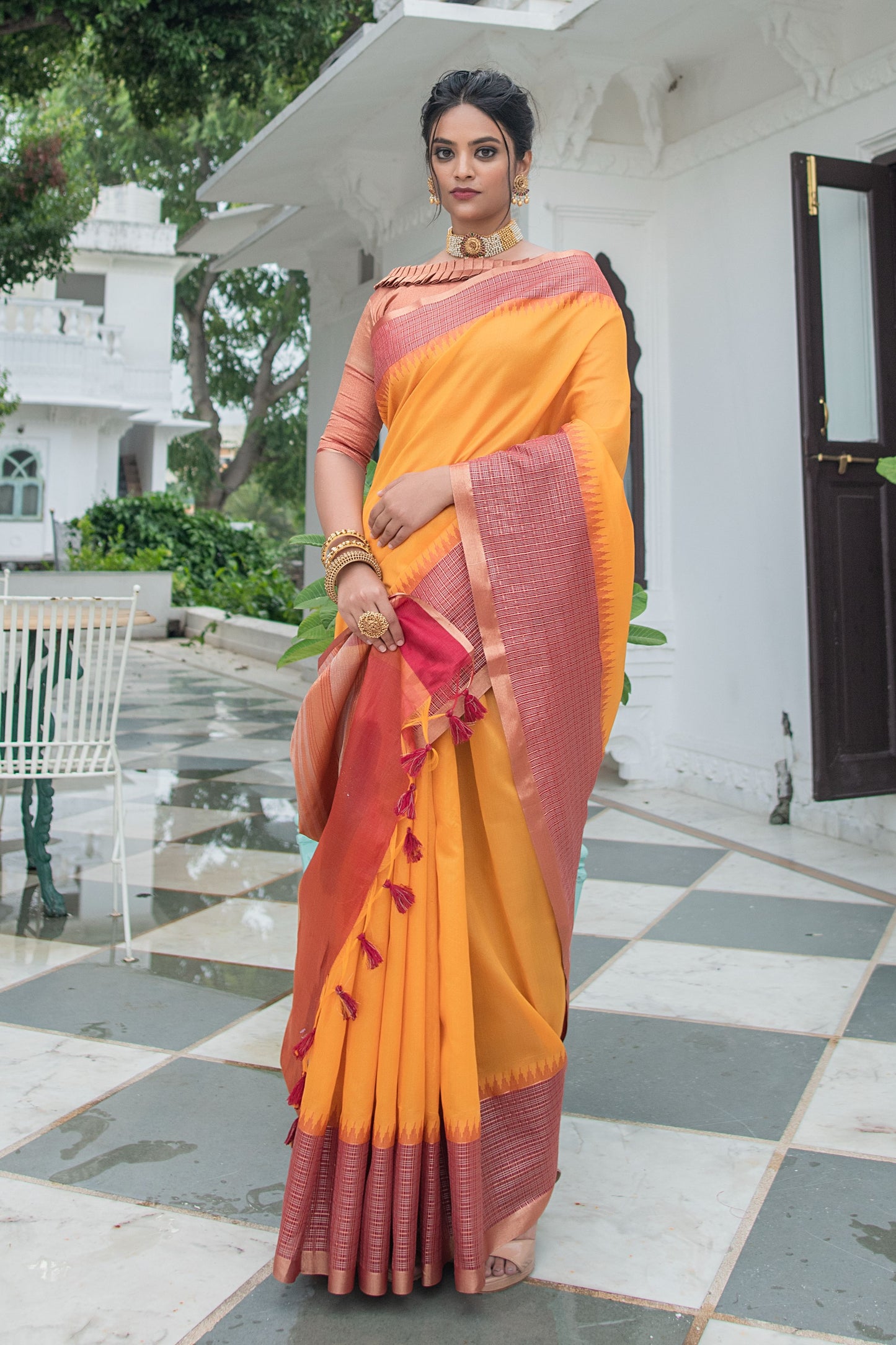Yellow Ikkat Silk Saree With Jhalar