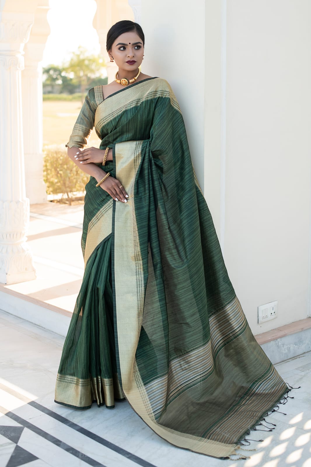 Green Tassar Silk Saree With Jhalar