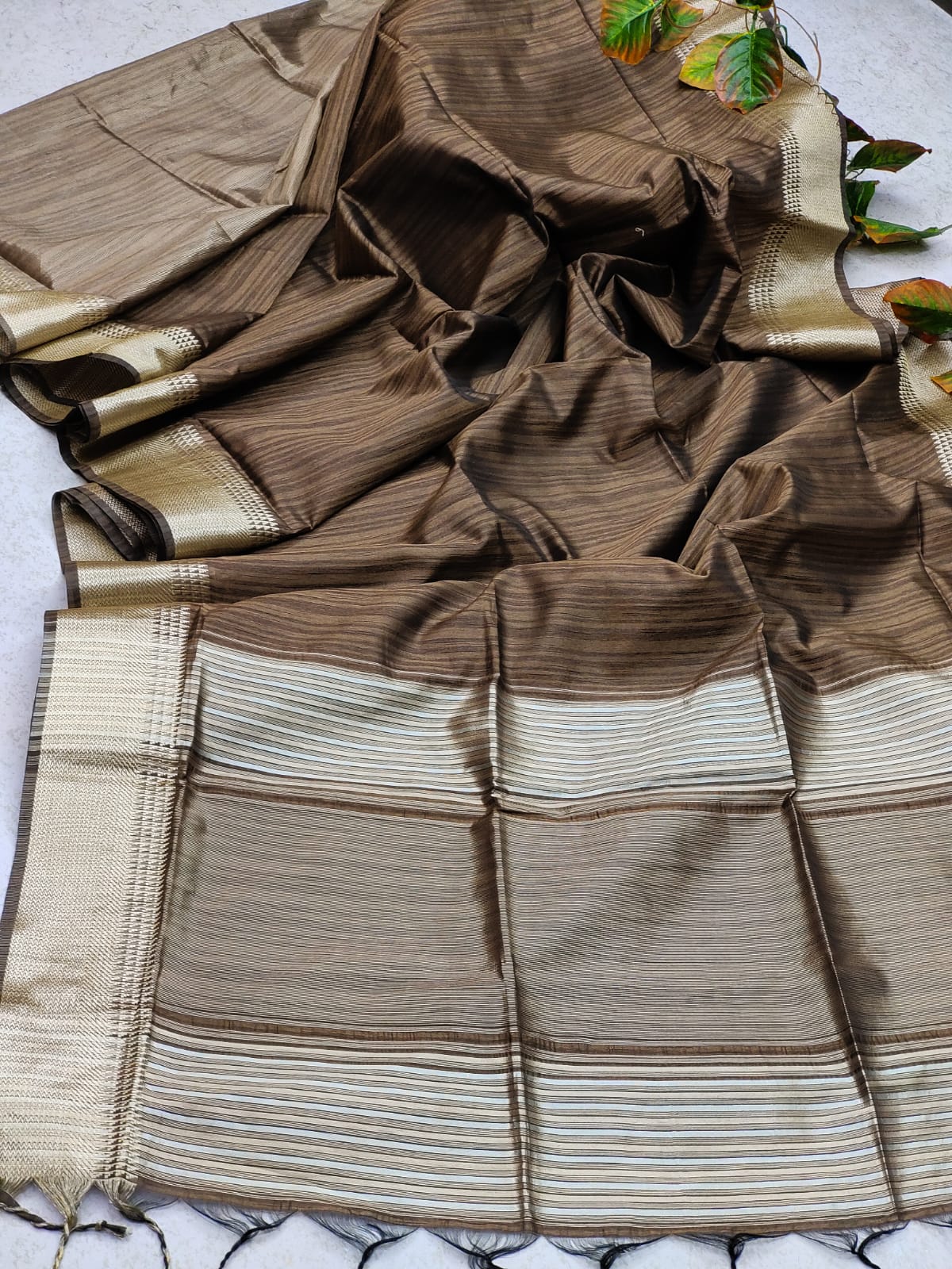 Coffee Tassar Silk Saree With Jhalar