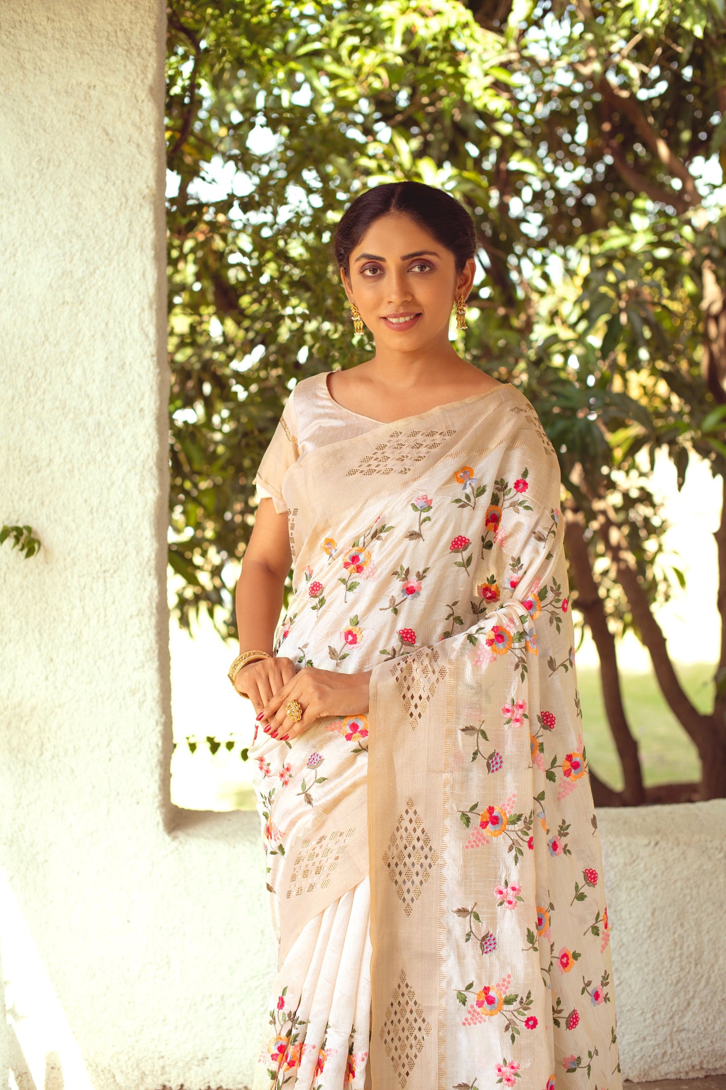 Cream Mysore Silk Saree With Swarovski Diamond