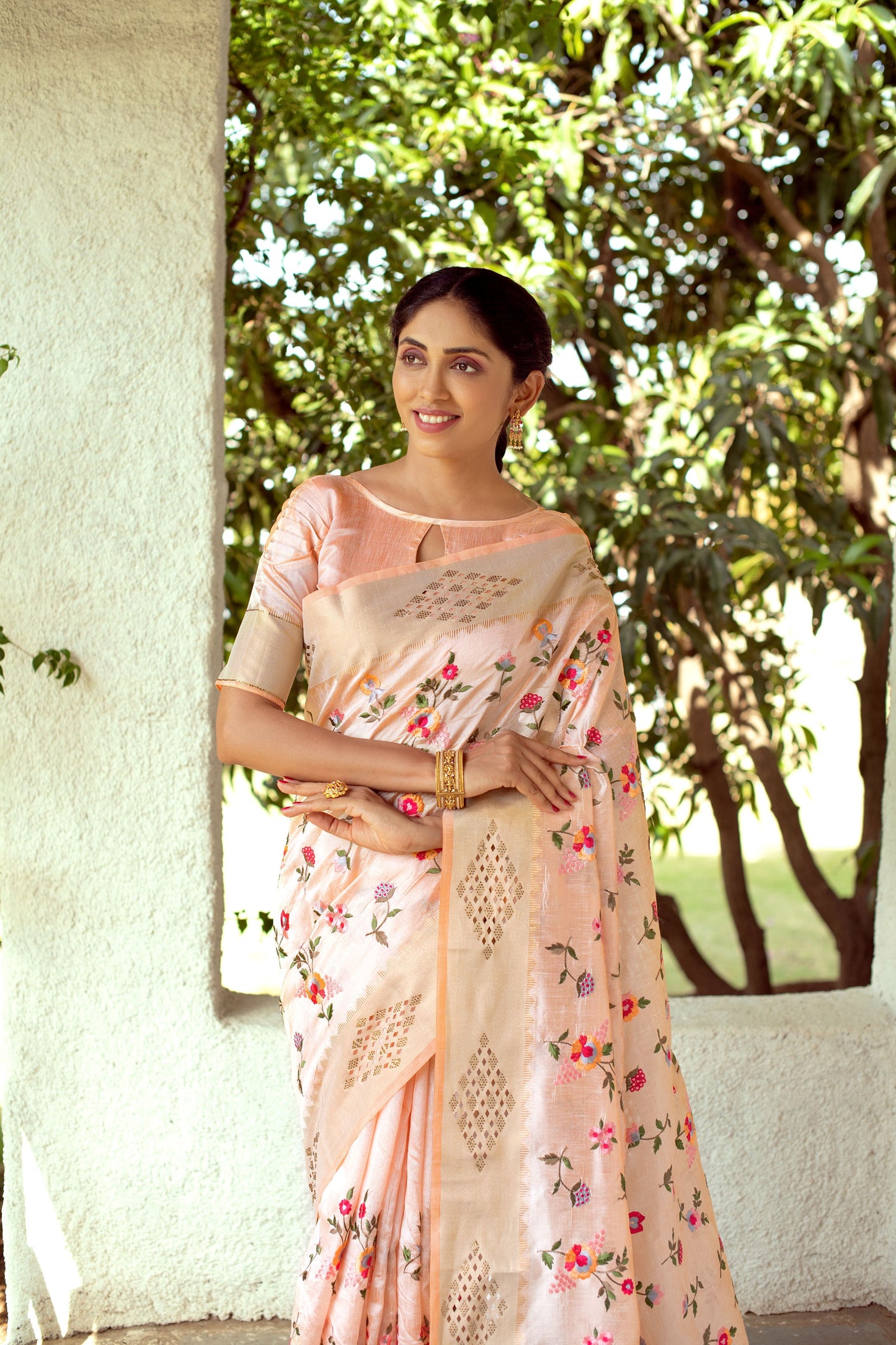 Peach Mysore Silk Saree With Swarovski Diamond