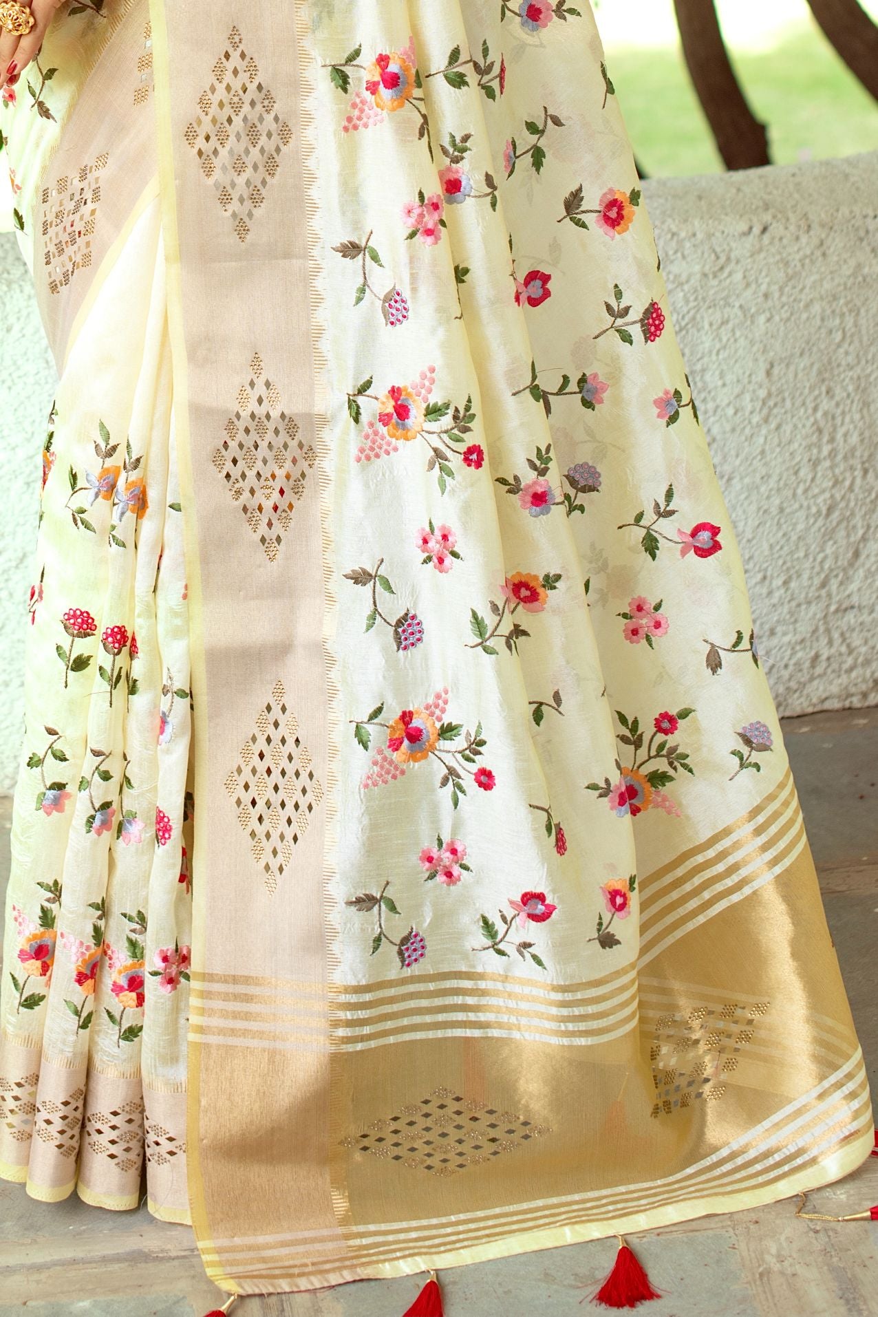 Light Yellow Mysore Silk Saree With Swarovski Diamond