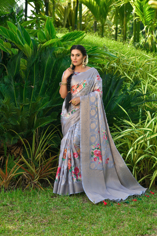 Beautiful Zari Woven With Rose Print Saree