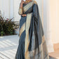 Grey Tassar Silk Saree With Jhalar