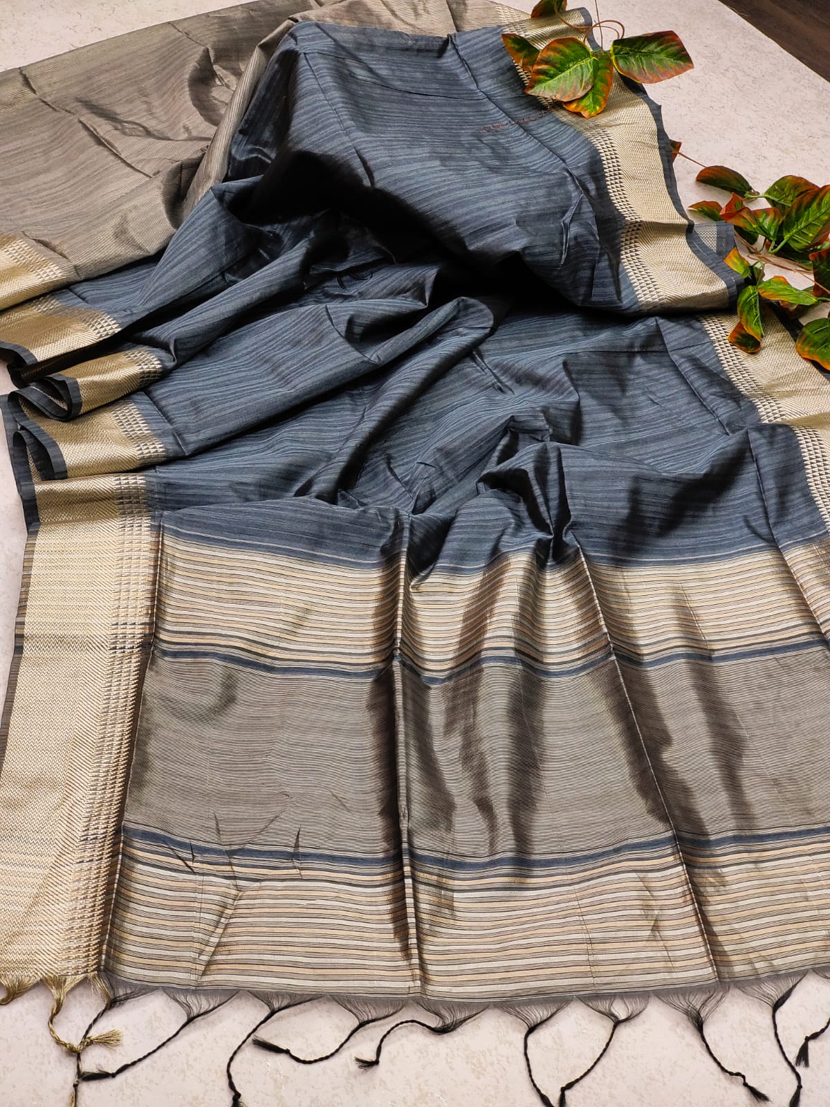 Grey Tassar Silk Saree With Jhalar