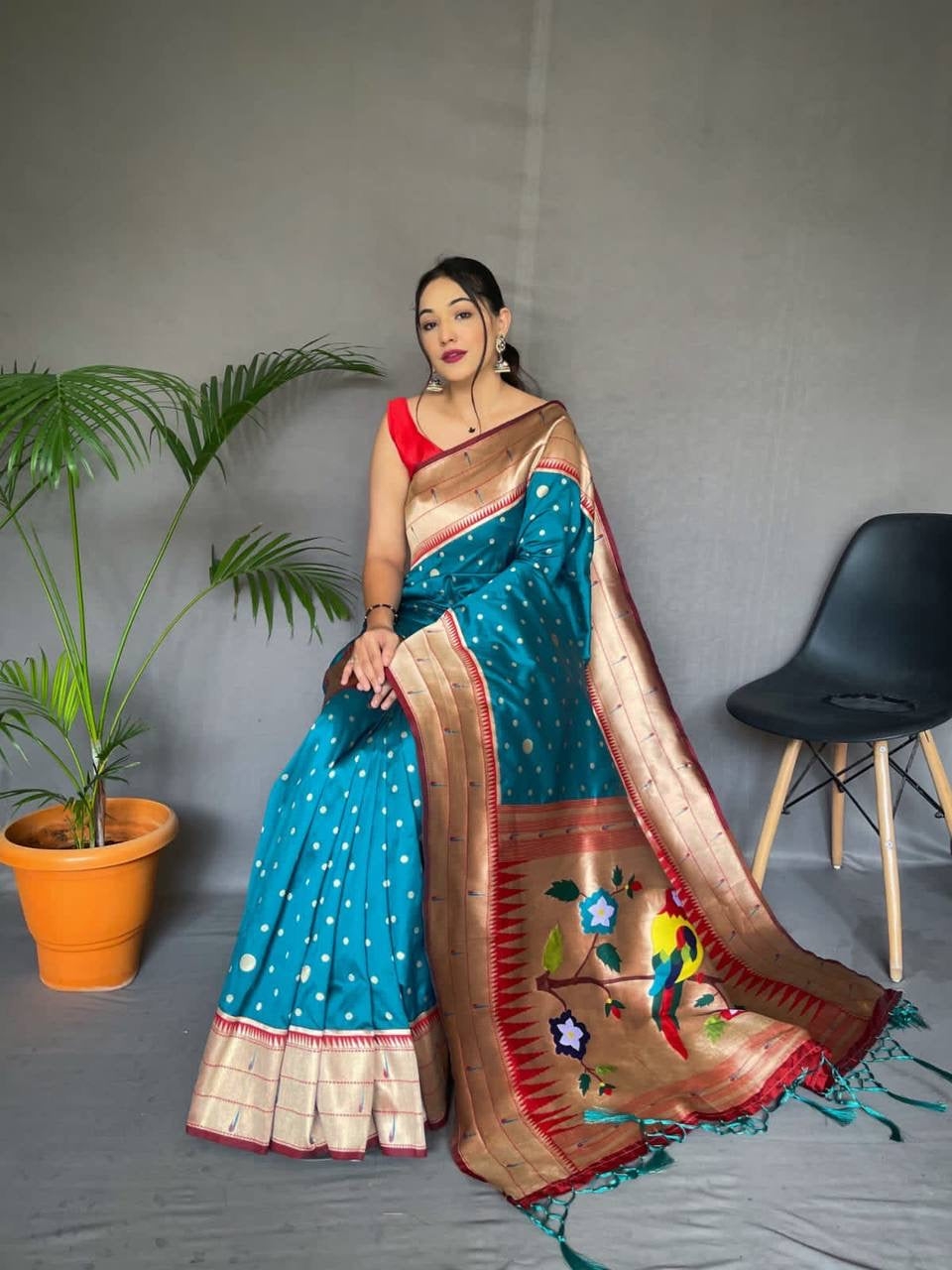 Teal Pure Polka Paithani Silk Saree