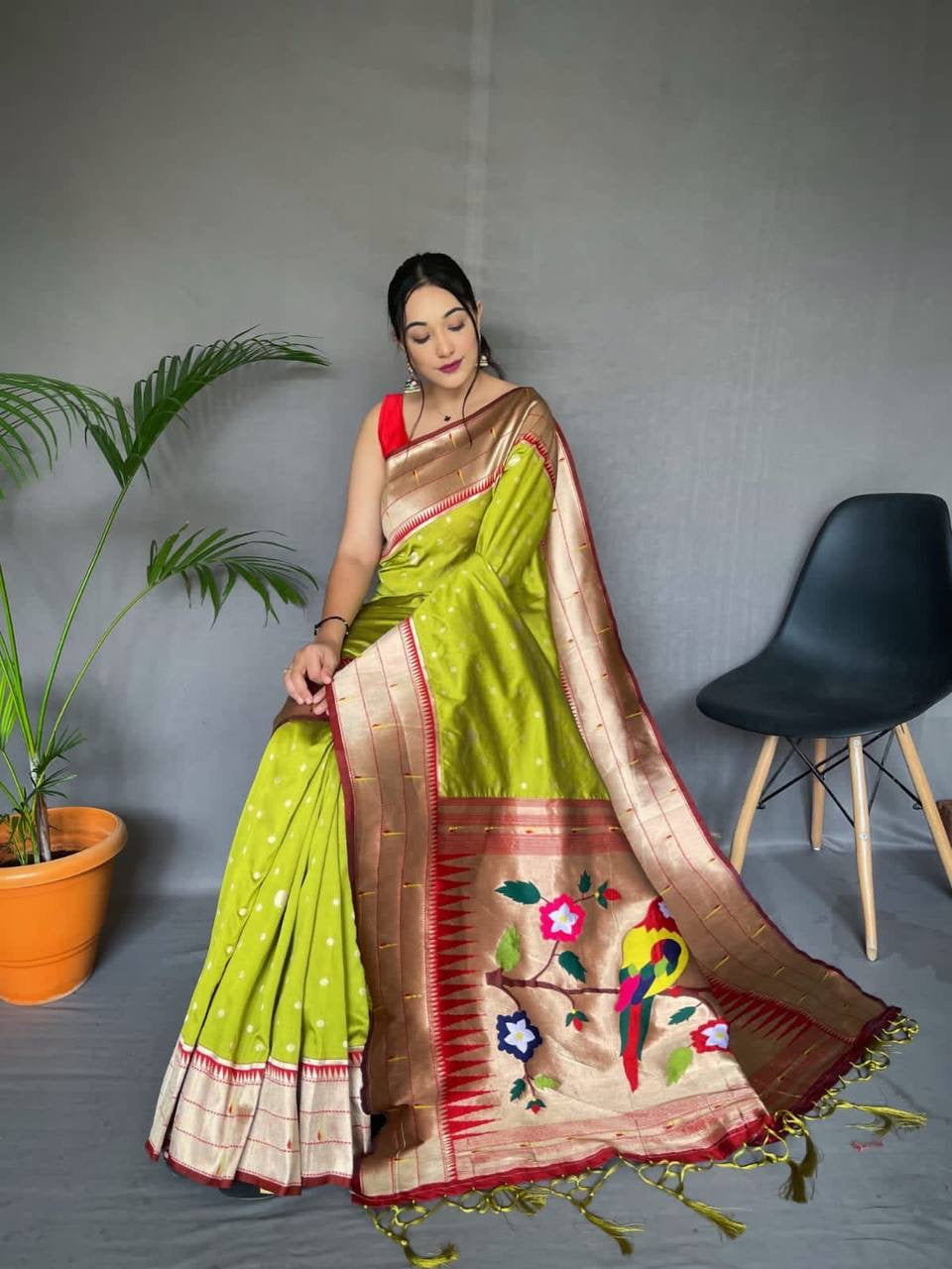 Lemon Pure Polka Paithani Silk Saree