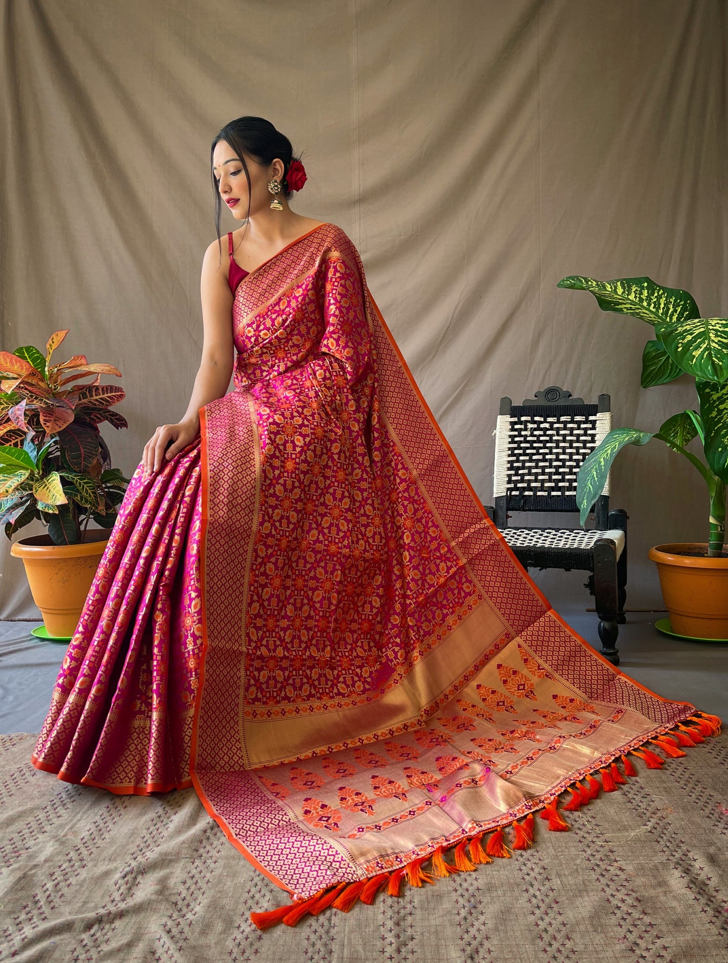 Pink Gold Zari And Meenakari Patola Sarees
