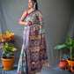 Sky Blue Cotton Sarees With Kalamkari Digital Printed