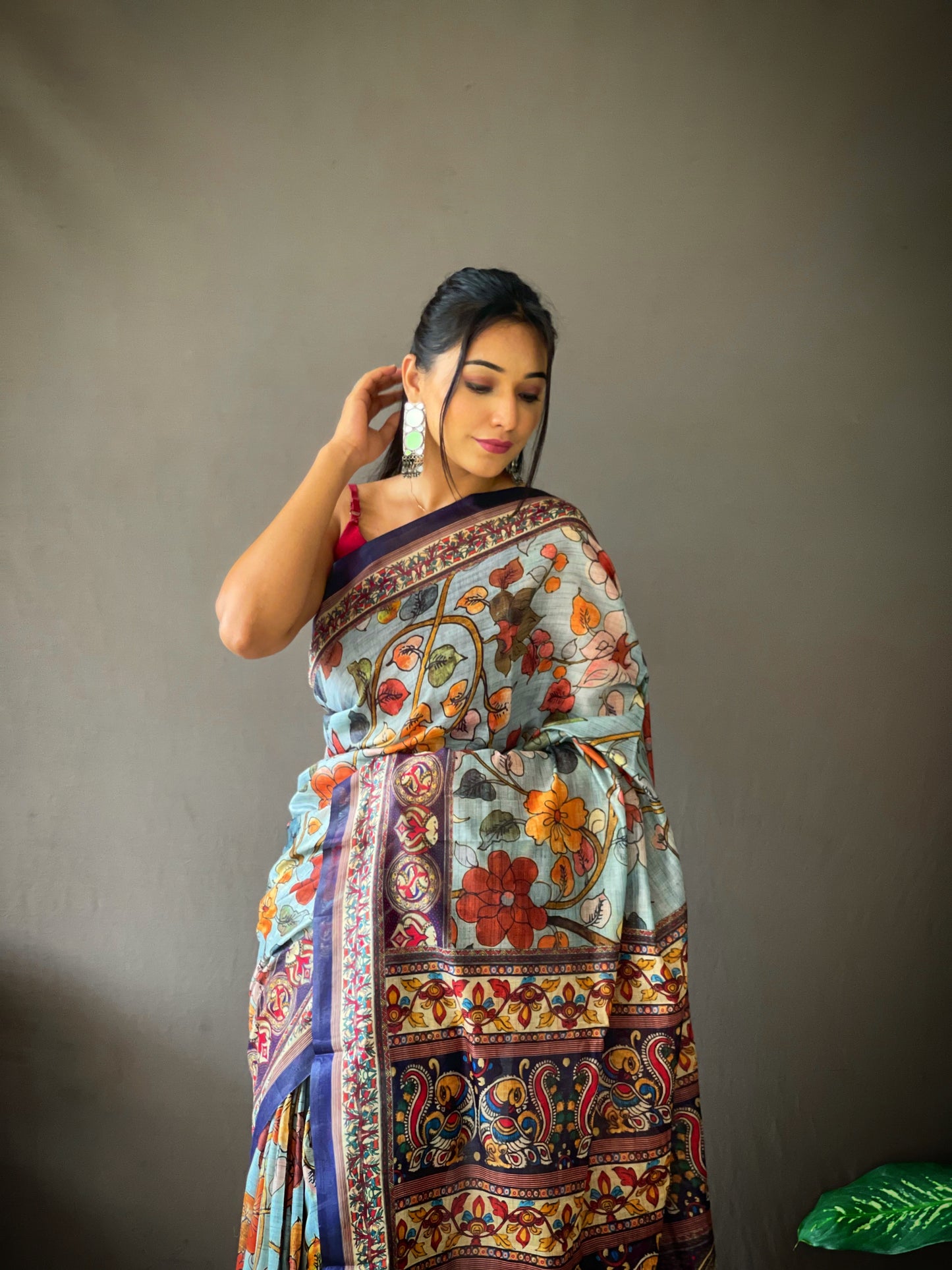 Sky Blue Cotton Sarees With Kalamkari Digital Printed