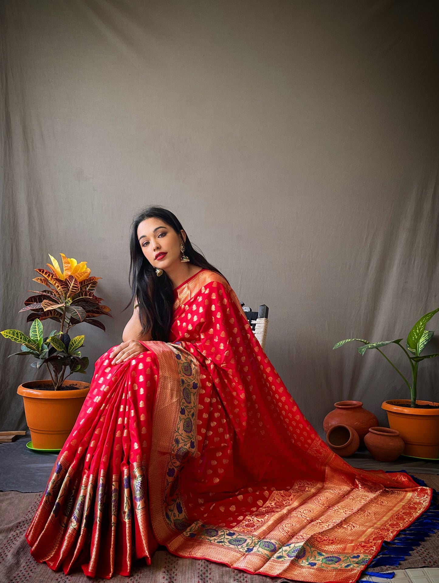 Red Banarasi Silk Sarees With Gold Zari Weaving