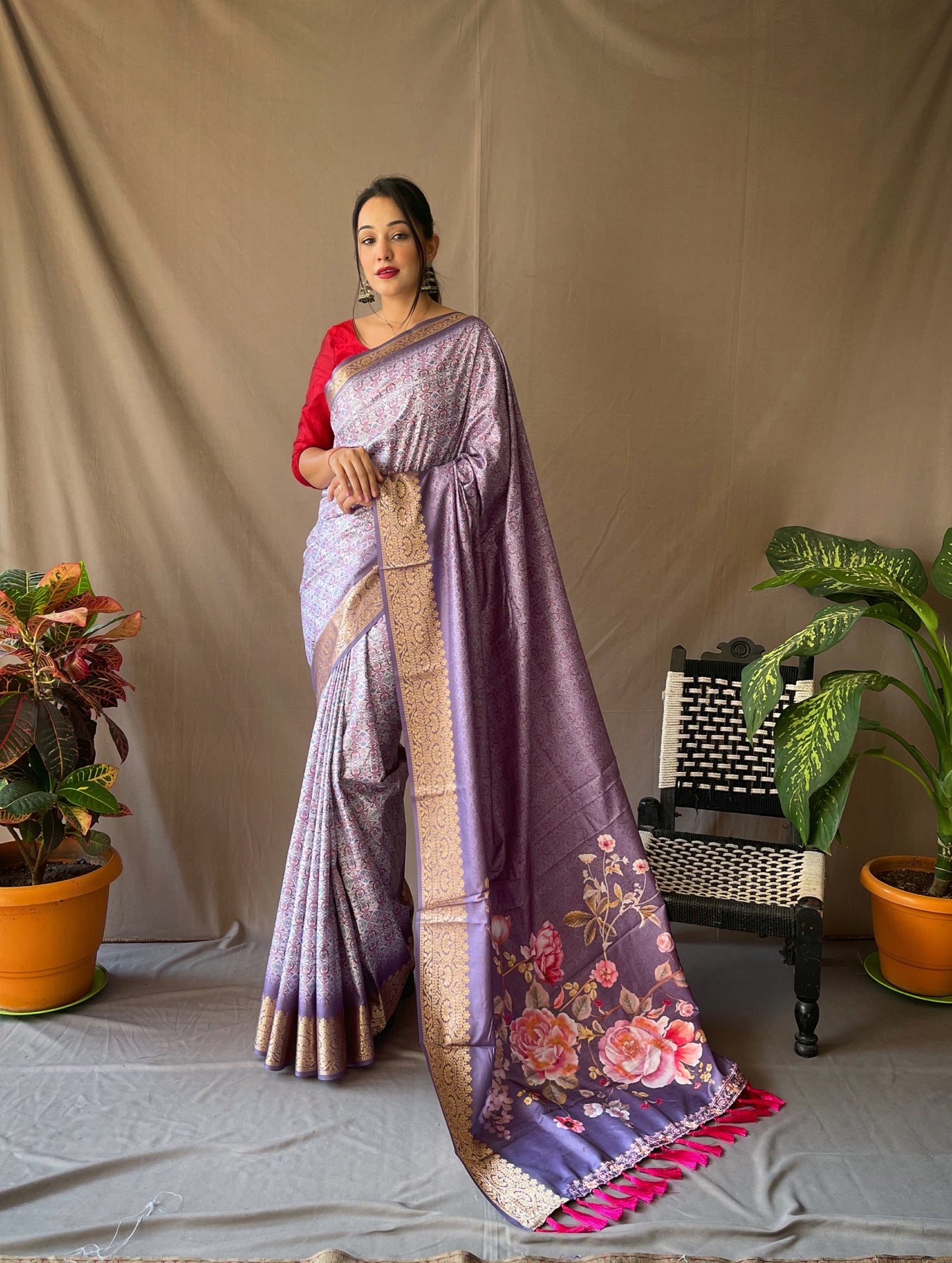 Purple Dola Silk Digital Printed Sarees