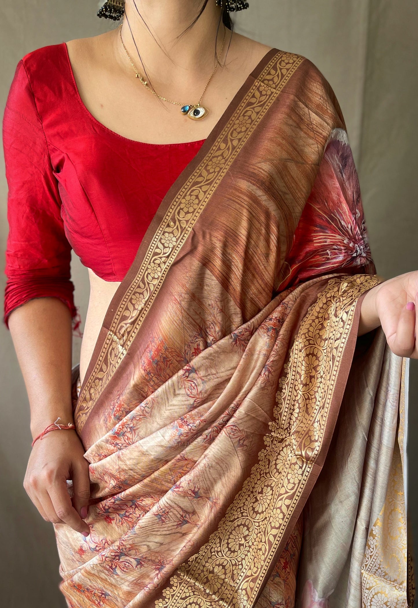 Brown Dola Silk Digital Printed Sarees