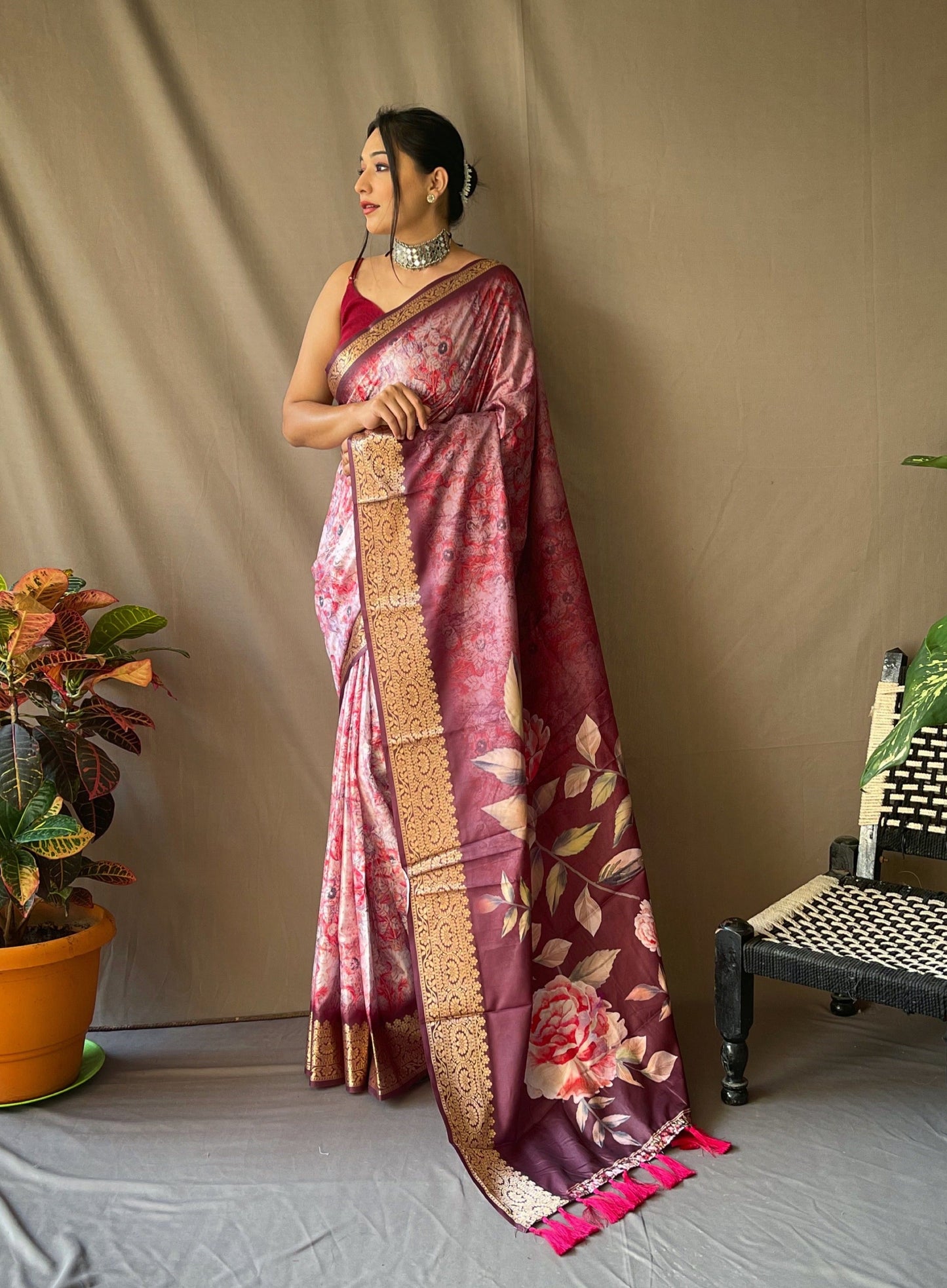 Pink Dola Silk Digital Printed Sarees