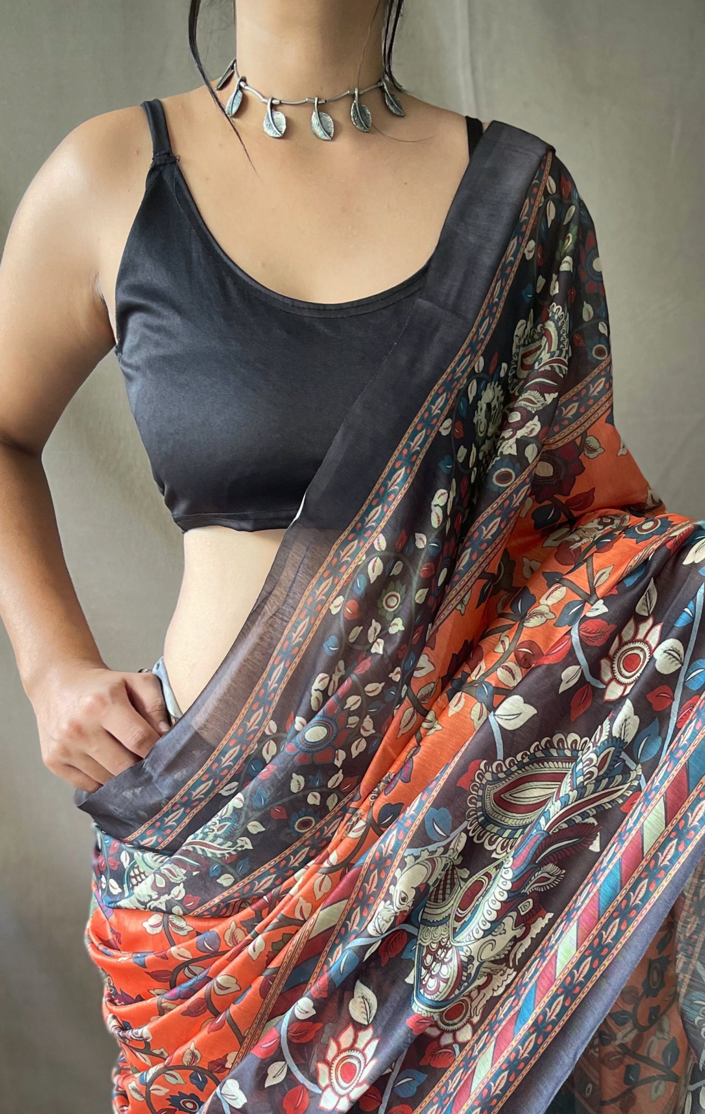 Orange Cotton Sarees With Kalamkari Digital Printed