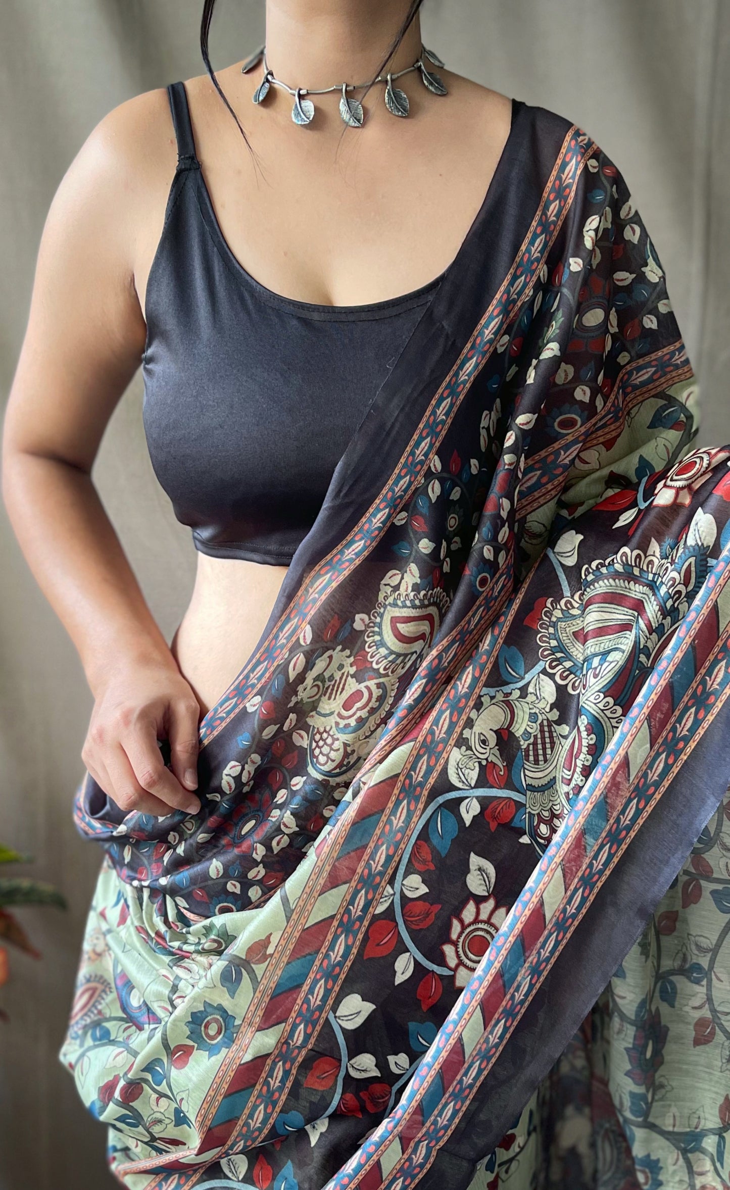 Grey Cotton Sarees With Kalamkari Digital Printed