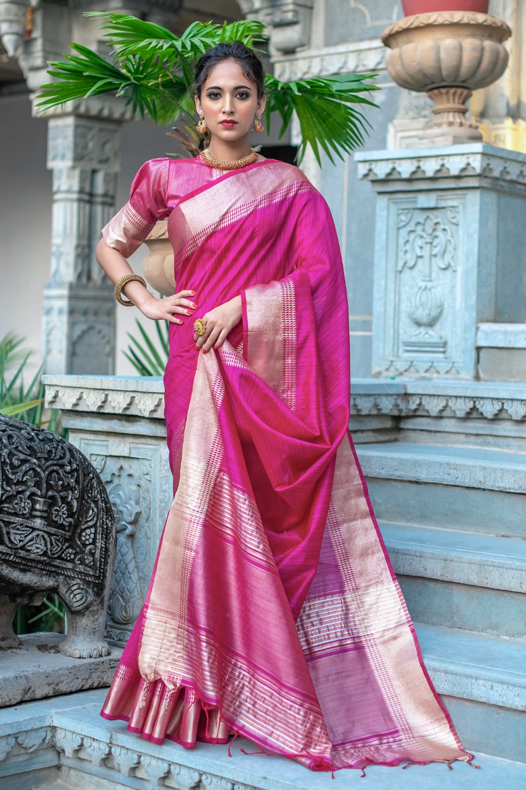Pink Tassar Silk Saree With Jhalar